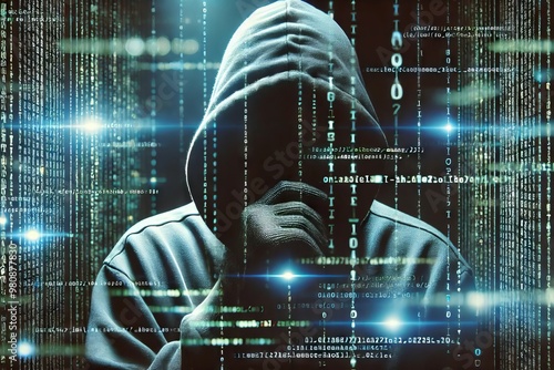 A dark, mysterious image of a hooded figure surrounded by glowing lines of digital code. The figure remains in shadow, creating a sense of secrecy, hacking, and the world of cybercrime