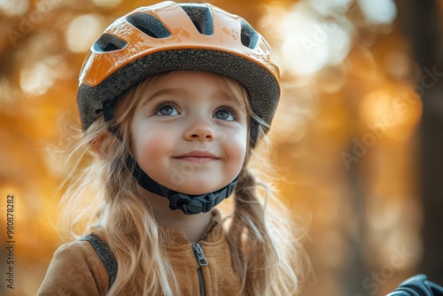 joyful little girl riding bicycle in park safety helmet on vibrant outdoor scene capturing childhood freedom and adventure