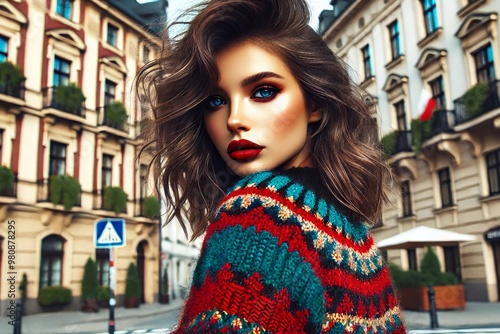 A high-resolution portrait of a woman with wavy hair and striking red lipstick in an urban setting