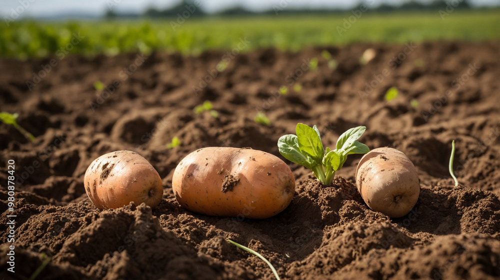 The morning light softly embraces a field of potatoes, their earthy mounds dotted with green vines, quietly growing beneath the rich, sun-kissed soil The morning light softly embraces a field of potatoes, their earthy mounds dotted with green vines, quietly growing beneath the rich, sun-kissed soil