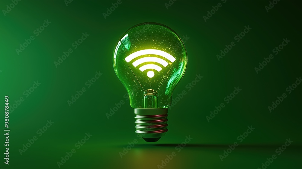 A glowing light bulb with a Wi-Fi symbol in the center floats against a solid green background, symbolizing innovation and wireless connectivity. Ideal for technology, communication, and eco-friendly A glowing light bulb with a Wi-Fi symbol in the center floats against a solid green background, symbolizing innovation and wireless connectivity. Ideal for technology, communication, and eco-friendly