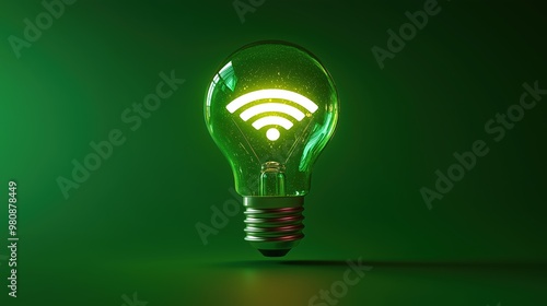 A glowing light bulb with a Wi-Fi symbol in the center floats against a solid green background, symbolizing innovation and wireless connectivity. Ideal for technology, communication, and eco-friendly 