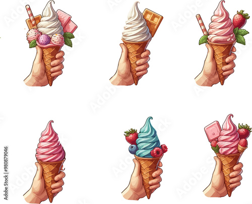 Collection of hand holding Soft serve Yoghurt Ice cream swirl on waffle cone on t , PNG file. Many assorted different flavour Mockup template for artwork design vector illustration