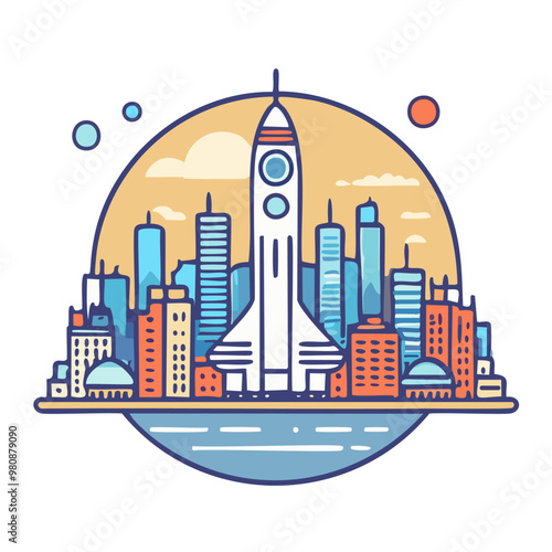 Cityscape with sci-fi elements in a vintage poster style, bold and flat, minimal lines vector art logo design photo