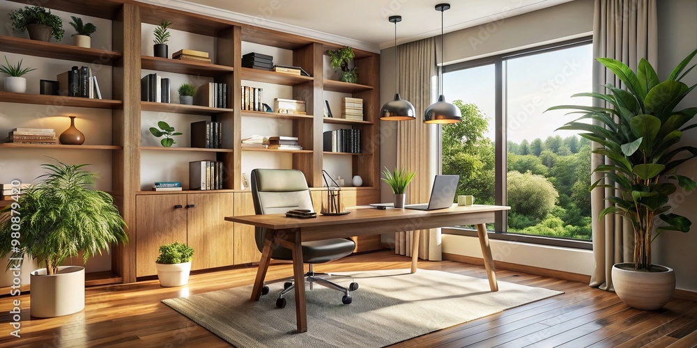 Elegantly styled modern home office featuring sleek wooden desk, ergonomic chair, and contemporary bookshelves amidst a Elegantly styled modern home office featuring sleek wooden desk, ergonomic chair, and contemporary bookshelves amidst a