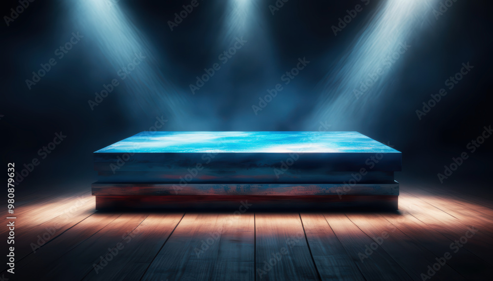 A blue podium illuminated by spotlights on a wooden floor A blue podium illuminated by spotlights on a wooden floor
