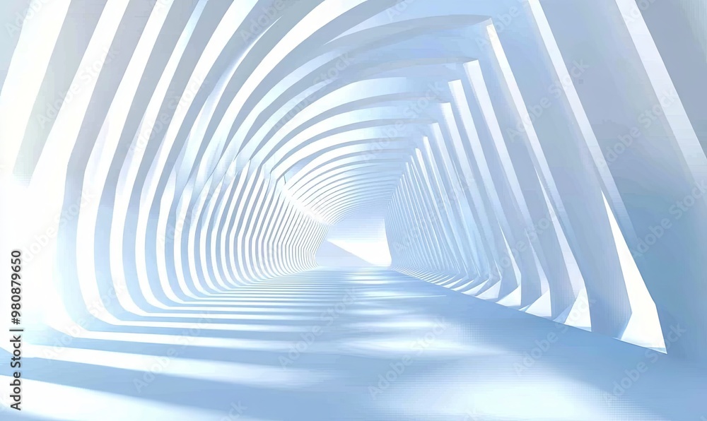 Abstract white triangular tunnel with light at the end, leading to a bright, modern space. Abstract white triangular tunnel with light at the end, leading to a bright, modern space.