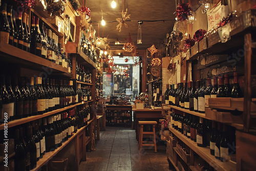 Intimate Wine Shop Displaying Beaujolais Nouveau Bottles photo