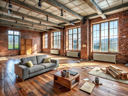 Wallpaper Mural Empty modern living room with exposed brick walls, wooden floor, and construction materials scattered, awaiting Torontodigital.ca