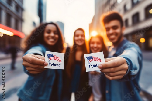 Diverse group of young voters proudly holding 