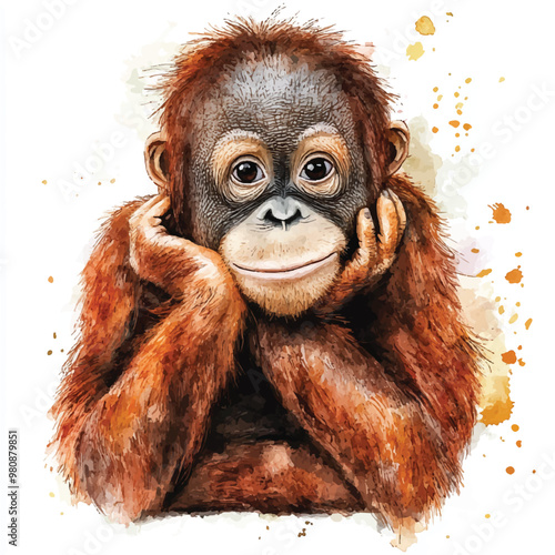 Orangutan watercolor clipart illustration isolated