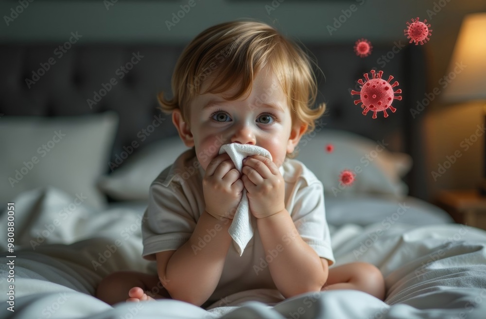 A small, cold-stricken child is sitting on the bed, blowing his nose into a napkin, and cold and flu viruses are flying around his head A small, cold-stricken child is sitting on the bed, blowing his nose into a napkin, and cold and flu viruses are flying around his head