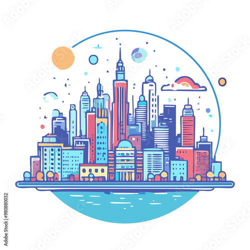 Cityscape with sci-fi elements in a vintage poster style, bold and flat, minimal lines vector art logo design photo