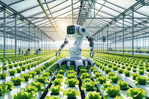 A high-tech agricultural robot tending to fresh green lettuce plants in a state-of-the-art greenhouse