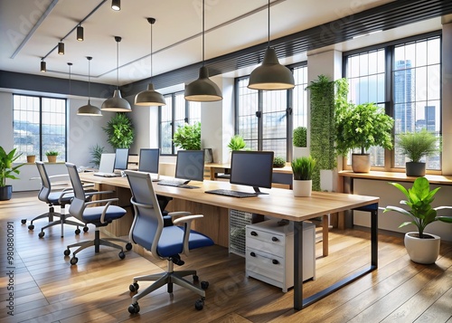 Ergonomic chairs, sleek desks, and minimalist decor create a productive, flexible, and comfortable workspace that