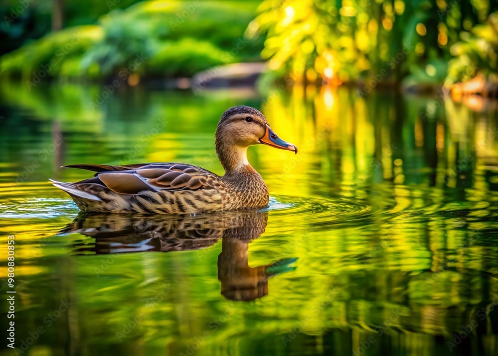 Obraz premium A solitary duck swims in a serene pool surrounded by lush greenery, reflecting a tranquil atmosphere with ripples on the water's surface.