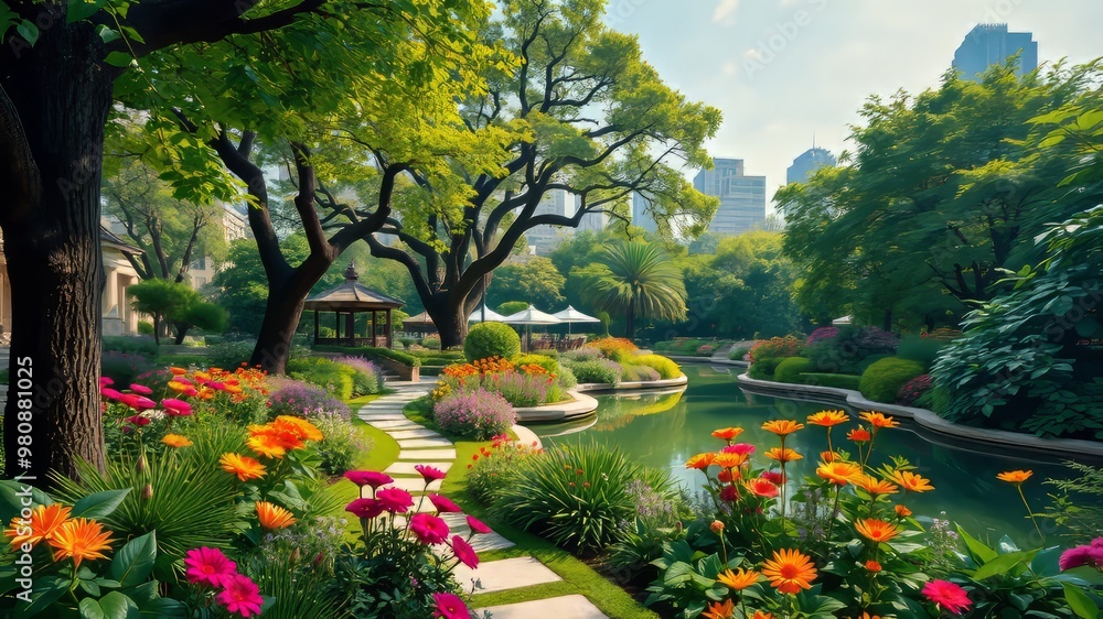 A serene oasis amidst the urban landscape, this picturesque garden features lush greenery, winding pathways, and a A serene oasis amidst the urban landscape, this picturesque garden features lush greenery, winding pathways, and a