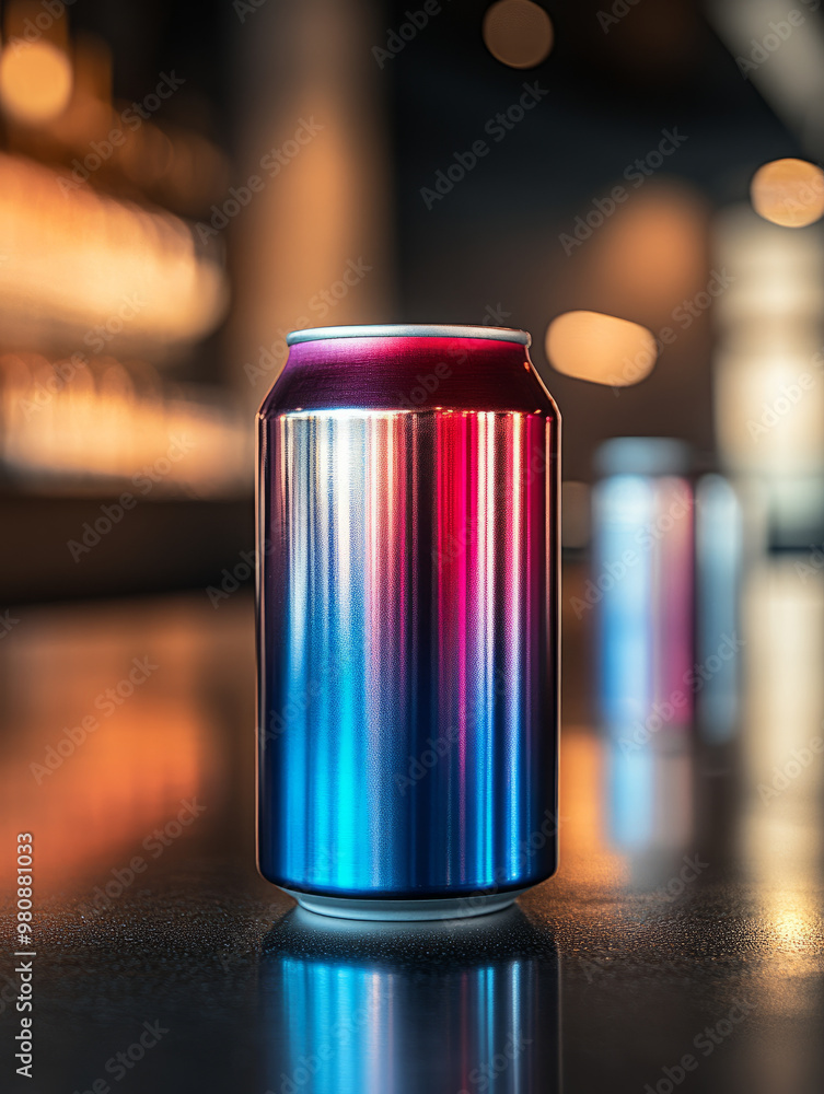 Colorful aluminum beverage can in a modern bar setting Colorful aluminum beverage can in a modern bar setting