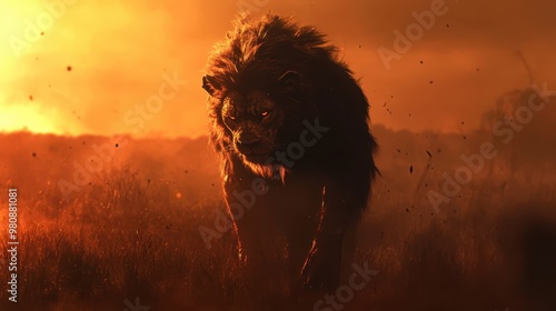 A human figure half-transformed into a lion, with shadowy fur enveloping parts of their body, eyes full of emotion, standing in the middle of a vast, dark savannah under a fading s photo