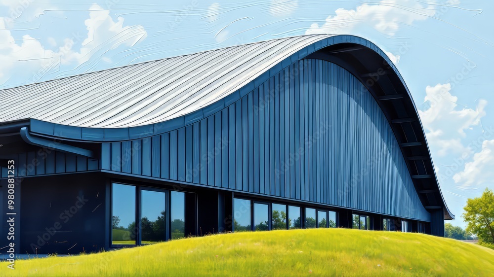 A sleek, undulating steel roofline rises above a contemporary building's façade, its bold, dark grey tone contrasting A sleek, undulating steel roofline rises above a contemporary building's façade, its bold, dark grey tone contrasting