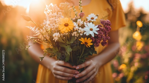Wallpaper Mural  Close-up of a person's hands holding a bouquet, the feeling of joy radiating, soft sunlight and vivid colors, emotional and heartwarming Torontodigital.ca
