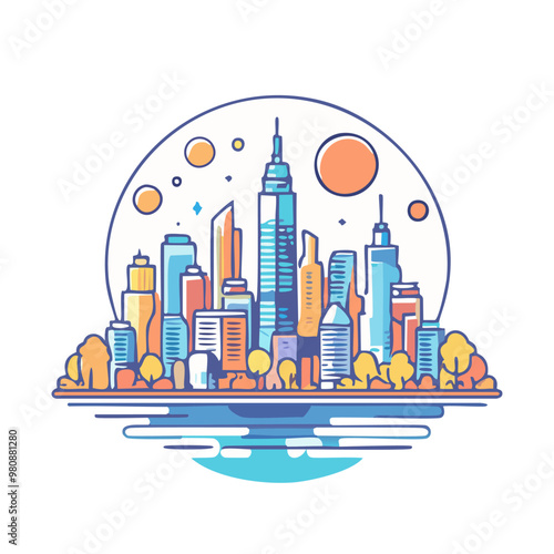 Cityscape with sci-fi elements in a vintage poster style, bold and flat, minimal lines vector art logo design photo