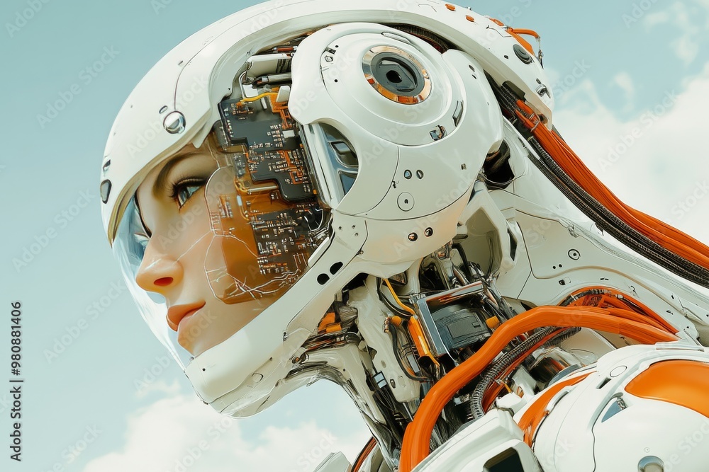 Fototapeta premium Female cyborg with glowing circuits and mechanical brain components representing artificial intelligence cognitive augmentation and the fusion of human and machine capabilities