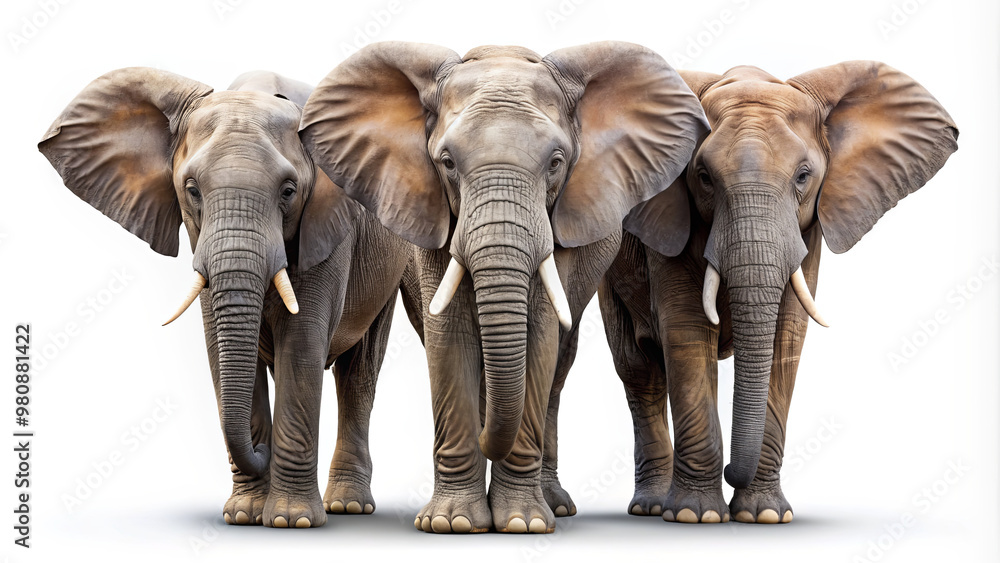 Fototapeta premium Three majestic African elephants stand side by side, showcasing their large ears, tusks, and textured skin under soft natural lighting, creating a striking visual