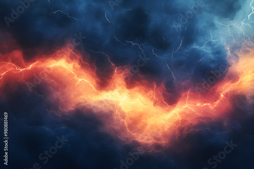 Abstract depiction of a thunderstorm with jagged lines representing lightning over dark clouds photo