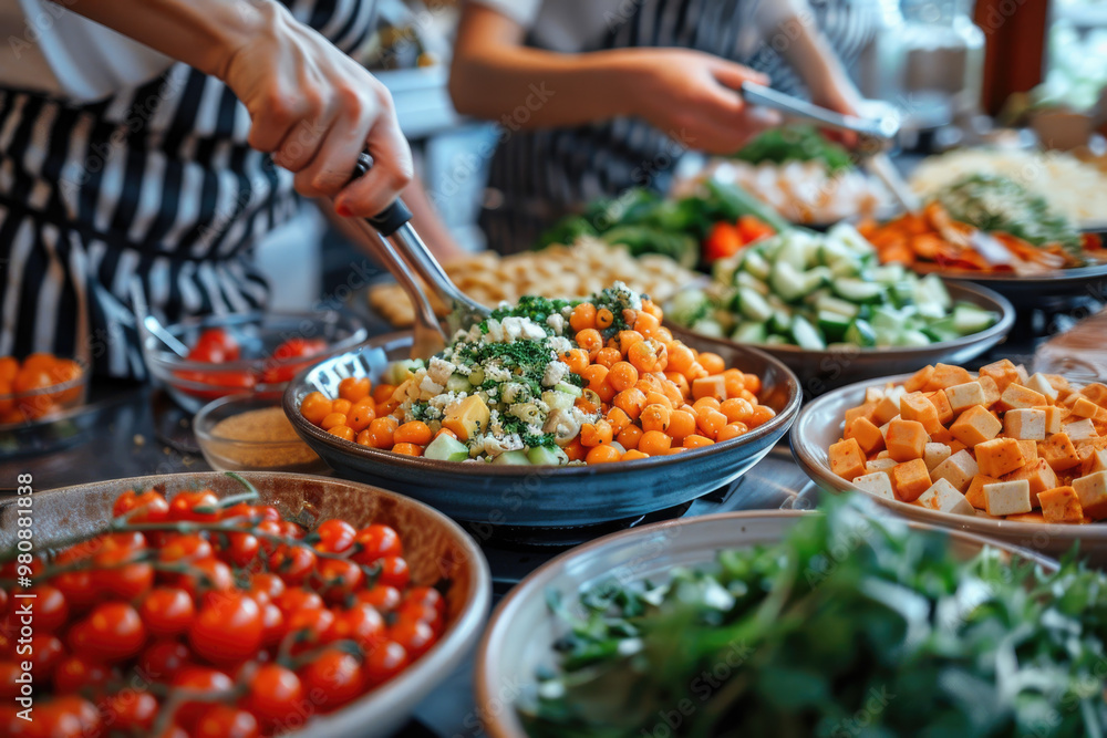 Chefs Preparing Fresh Vegan Salad with Chickpeas, Vegetables, and Herbs Chefs Preparing Fresh Vegan Salad with Chickpeas, Vegetables, and Herbs