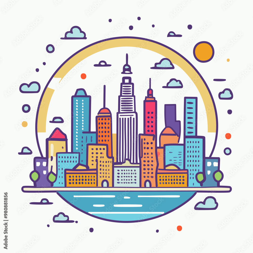 Obraz premium Cityscape with sci-fi elements in a vintage poster style, bold and flat, minimal lines vector art logo design