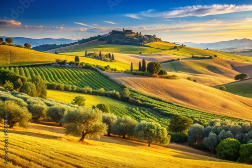 A sun-kissed Italian hillside landscape combines rolling hills, ancient olive groves, and bright yellow wheat fields, photo