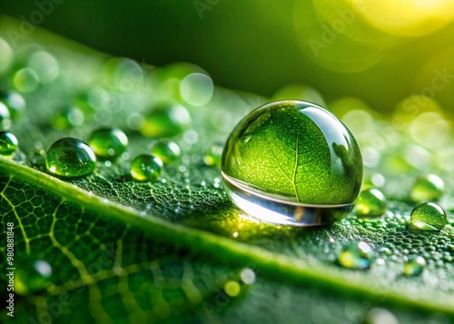 Extreme close-up photography of a delicate dew droplet on a green leaf, showcasing intricate details and textures with