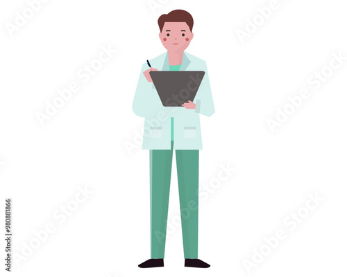 診察をする白衣を着た医者の男性。カルテを書く医師。ベクターイラスト