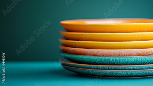 Stack of colorful ceramic plates against a turquoise background
