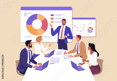 Business Planning concept. Vector illustration in flat style of a group of diverse business people having a discussion at a table with graphs in the background.