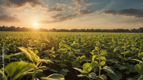 As dawn breaks over the soybean field, rows of leafy green plants shimmer in the sunlight, their tiny pods brimming with the promise of growth and life