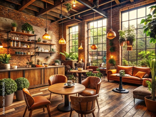 Cozy coffee shop interior with warm, earthy color scheme and aroma of freshly brewed coffee