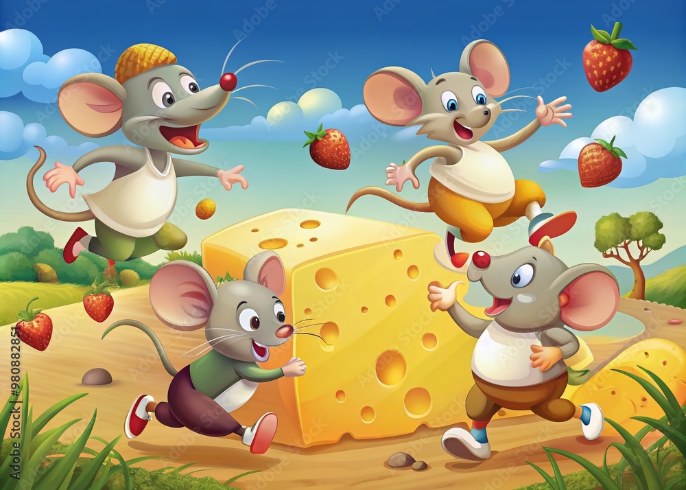 Naklejka premium Adorable cartoon mice characters engaging in a playful food chase, chasing and eating cheese, bread, and fruit in a whimsical vector illustration setting.