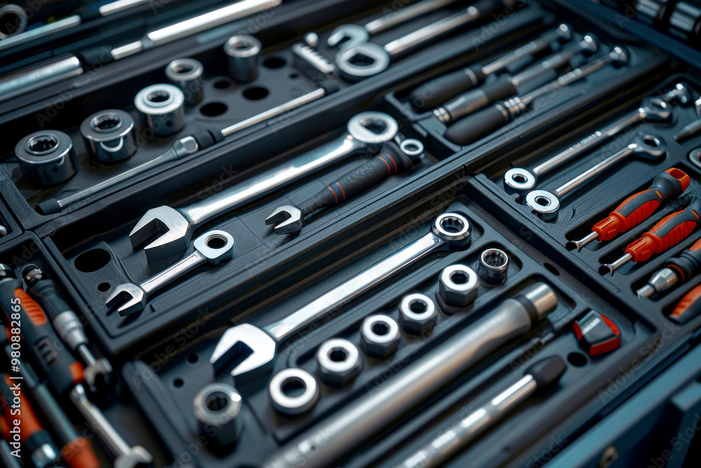 close-up view of a mechanic’s tools in an organized tool chest. The image showcases precision tools like ratchets, sockets, and screwdrivers, neatly placed in their respective slot close-up view of a mechanic’s tools in an organized tool chest. The image showcases precision tools like ratchets, sockets, and screwdrivers, neatly placed in their respective slot