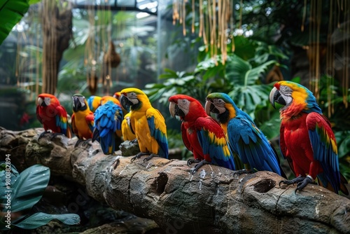 Colorful display of tropical birds in a spacious aviary at the zoo. Vibrant parrots, toucans, and macaws photo