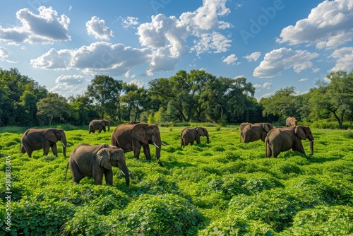 Magnificent view of an African elephant herd in their expansive zoo habitat photo