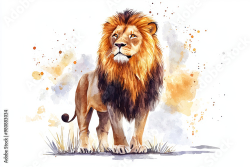 A majestic lion stands proudly on white background, showcasing its vibrant mane and powerful presence. watercolor effect adds touch of elegance and artistry to this stunning depiction