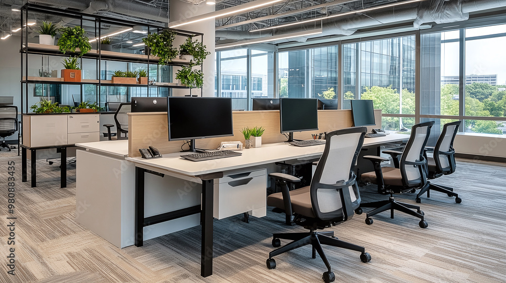 Modern corporate office interior with sleek desks, ergonomic chairs, and shelves, set against a neutral background in a bustling Indianapolis, Indiana, office furniture store. Modern corporate office interior with sleek desks, ergonomic chairs, and shelves, set against a neutral background in a bustling Indianapolis, Indiana, office furniture store.