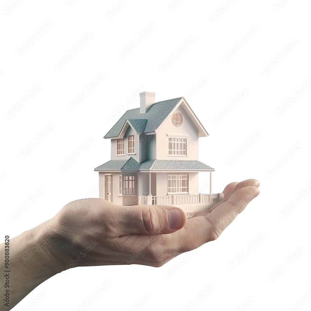 A hand holding 3d house model isolated on transparent background, real estate concept PNG file A hand holding 3d house model isolated on transparent background, real estate concept PNG file
