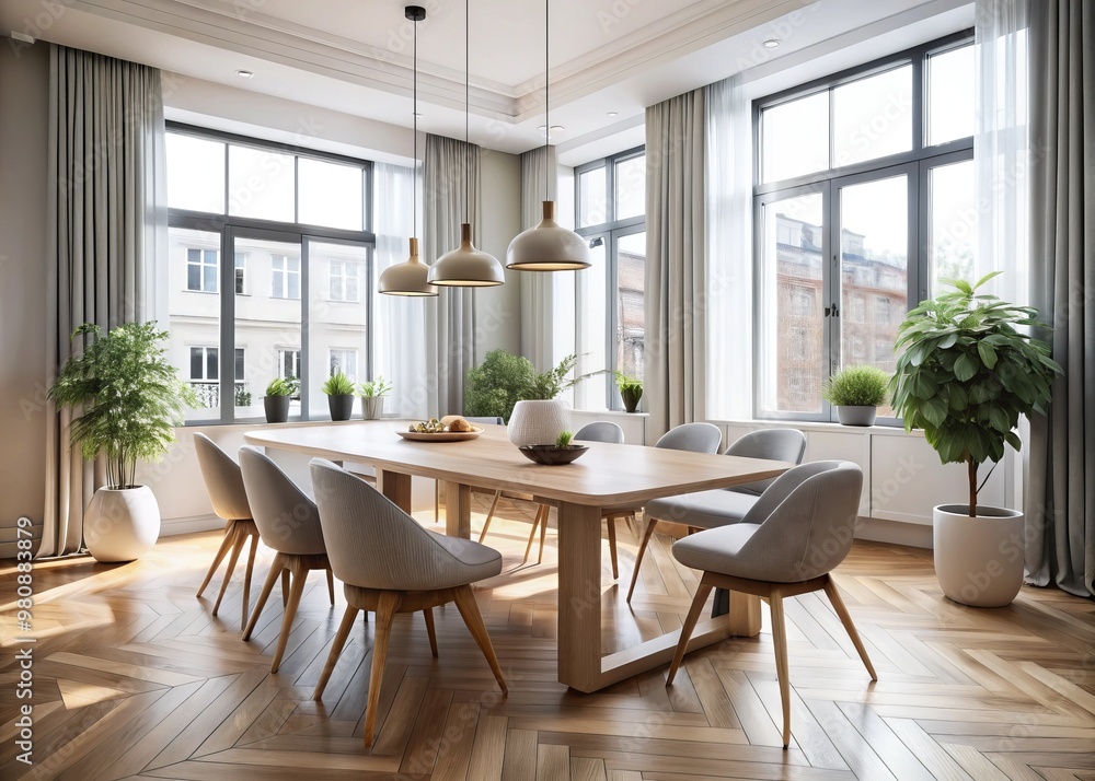 Modern dining table in a spacious white room with large windows and wooden floors Modern dining table in a spacious white room with large windows and wooden floors