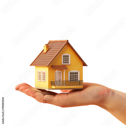 A hand holding 3d house model isolated on transparent background, real estate concept PNG file