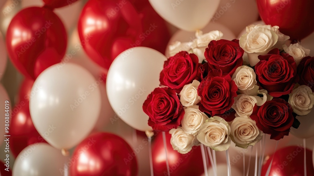 A rose bouquet arranged with balloons floating above, creating a festive and romantic scene filled with joy and beauty. A rose bouquet arranged with balloons floating above, creating a festive and romantic scene filled with joy and beauty.