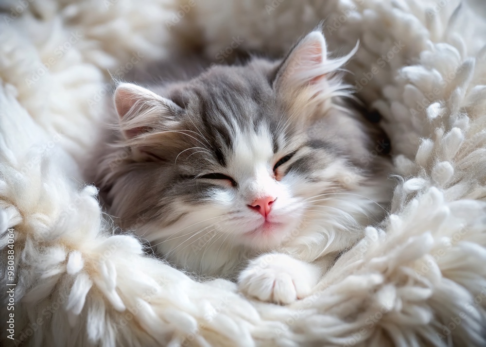 Naklejka premium Fluffy gray and white ball of fur with big bright eyes and pink nose, curled up tight, sleeping