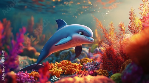 illustration of a cute baby dolphin playing near a sunlit coral reef surrounded by vibrant sea plants